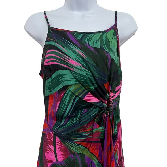 Farm Rio Midnight Leaves Tank Midi Dress Green Pink Tropical Cut Out Tie Waist M - Picture 3 of 14